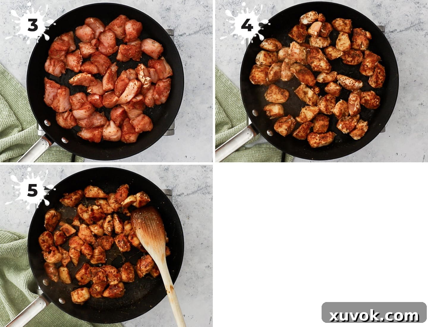 A step-by-step collage demonstrating how to pan-sear the Cajun-spiced chicken and then coat it in the honey garlic glaze.