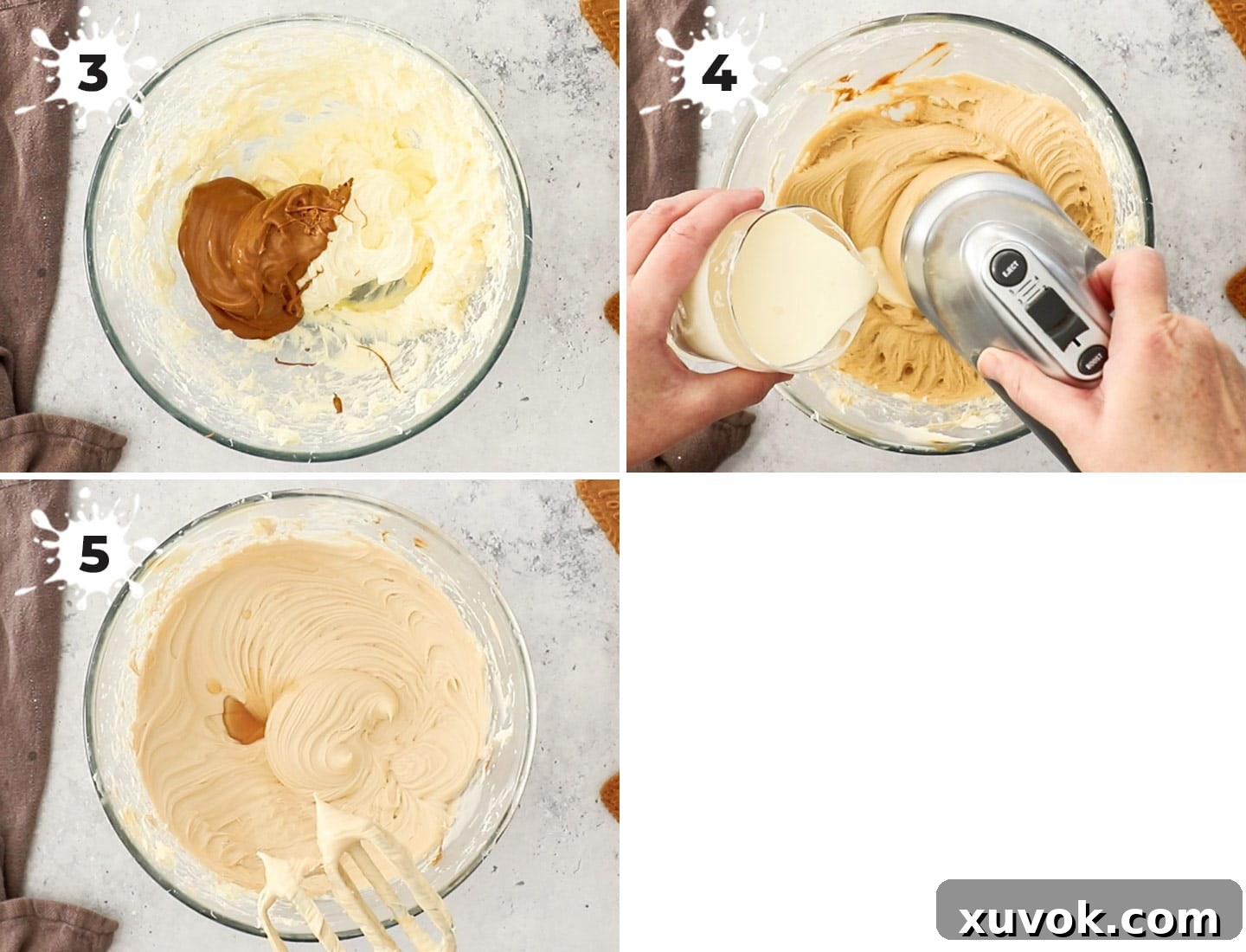 A collage showing how to make the cheesecake filling.