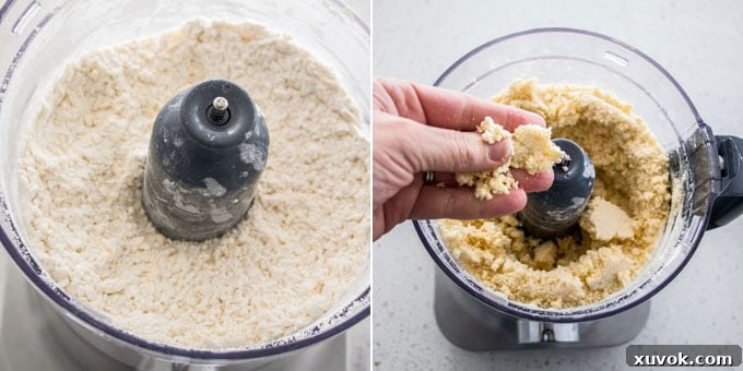 Collage of two photos showing the process of making pastry dough in a food processor: first, dry ingredients and butter, then after processing into crumbs.