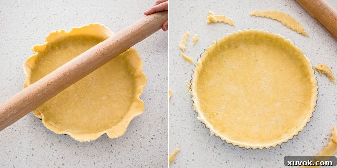 Collage of two photos illustrating the careful placement of rolled pastry dough into a fluted tart tin, preparing for blind baking.