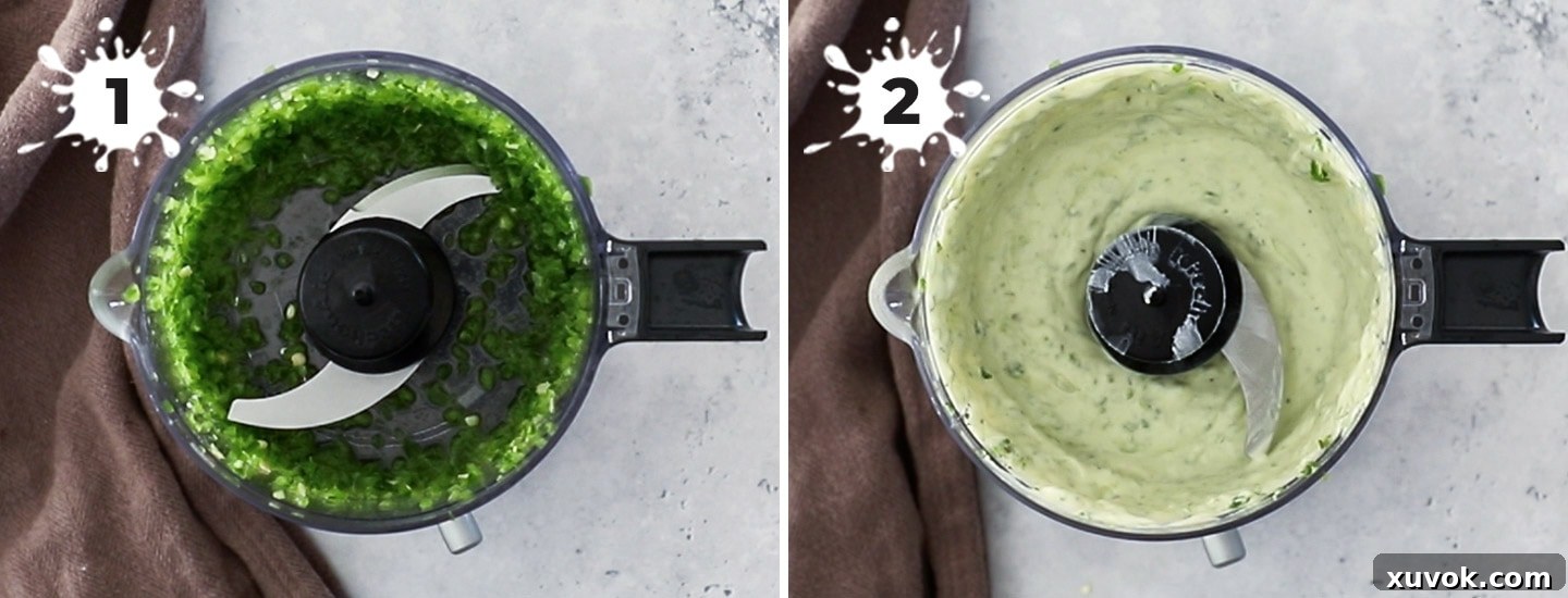 Two images showing how to prepare jalapeno mayo: first, blending jalapenos in a food processor; second, adding other ingredients to blend.