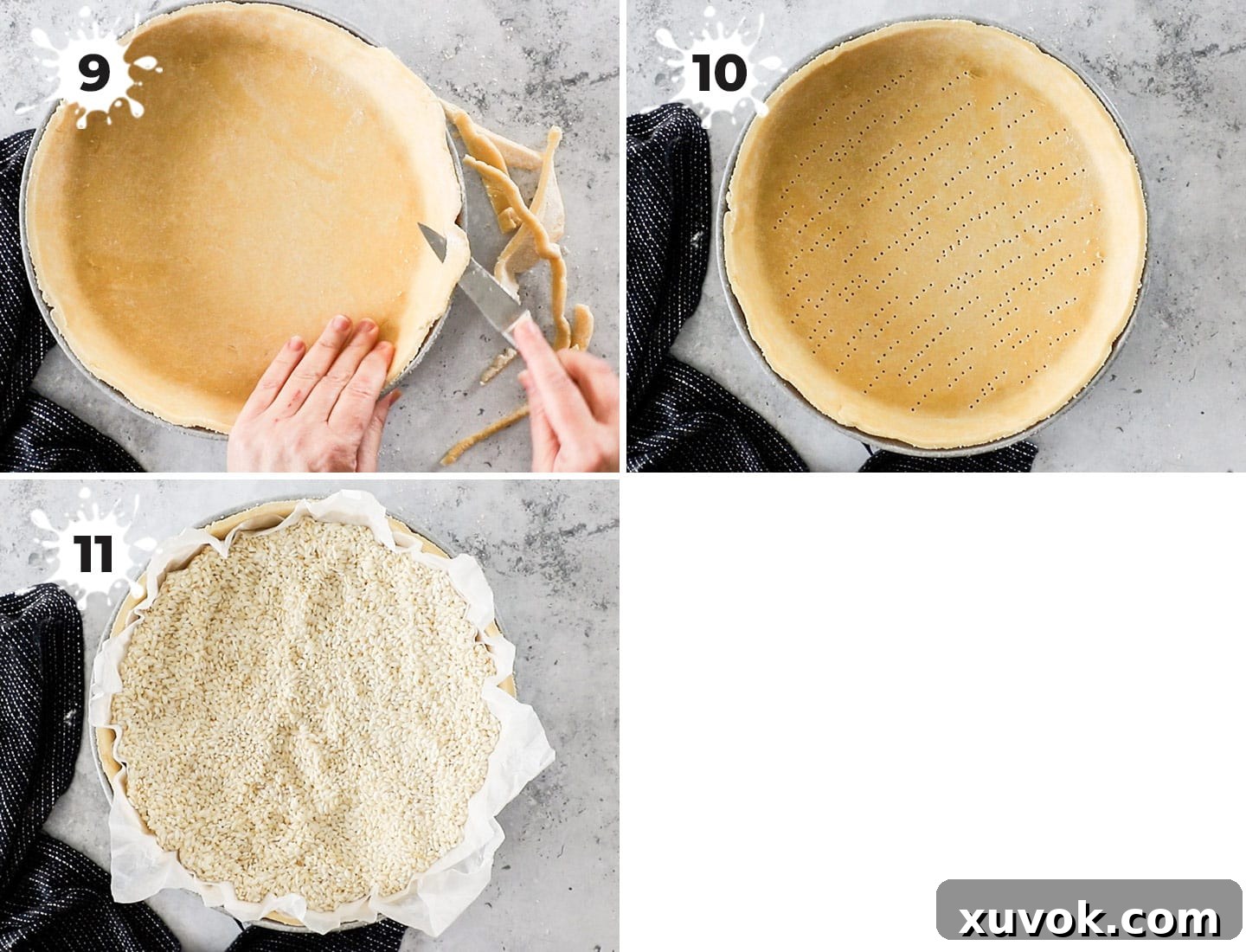 A collage showing how to prep the pastry shell for baking.