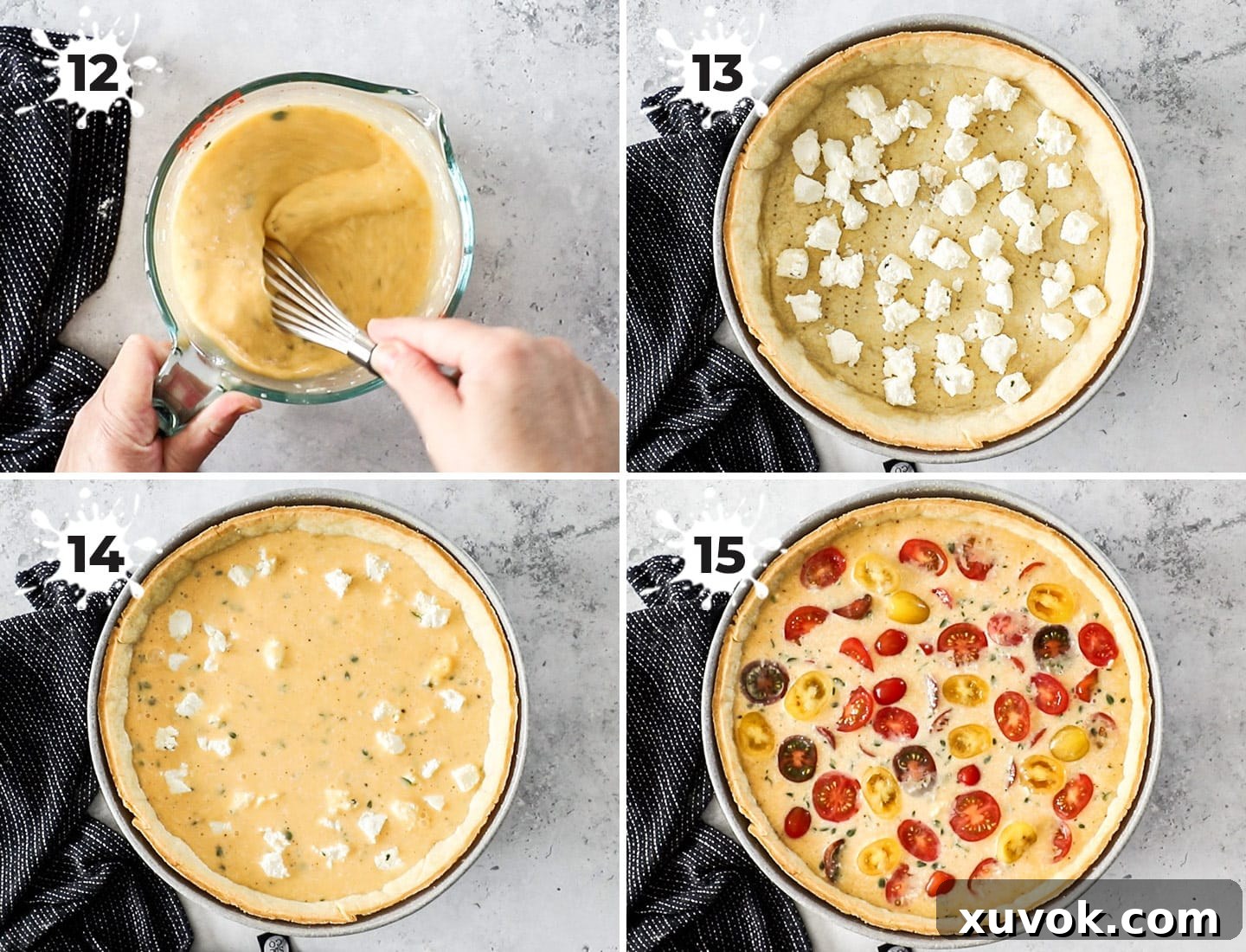 A collage showing how to assemble the quiche filling.