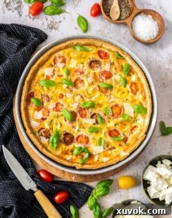 Top down view of a quiche.