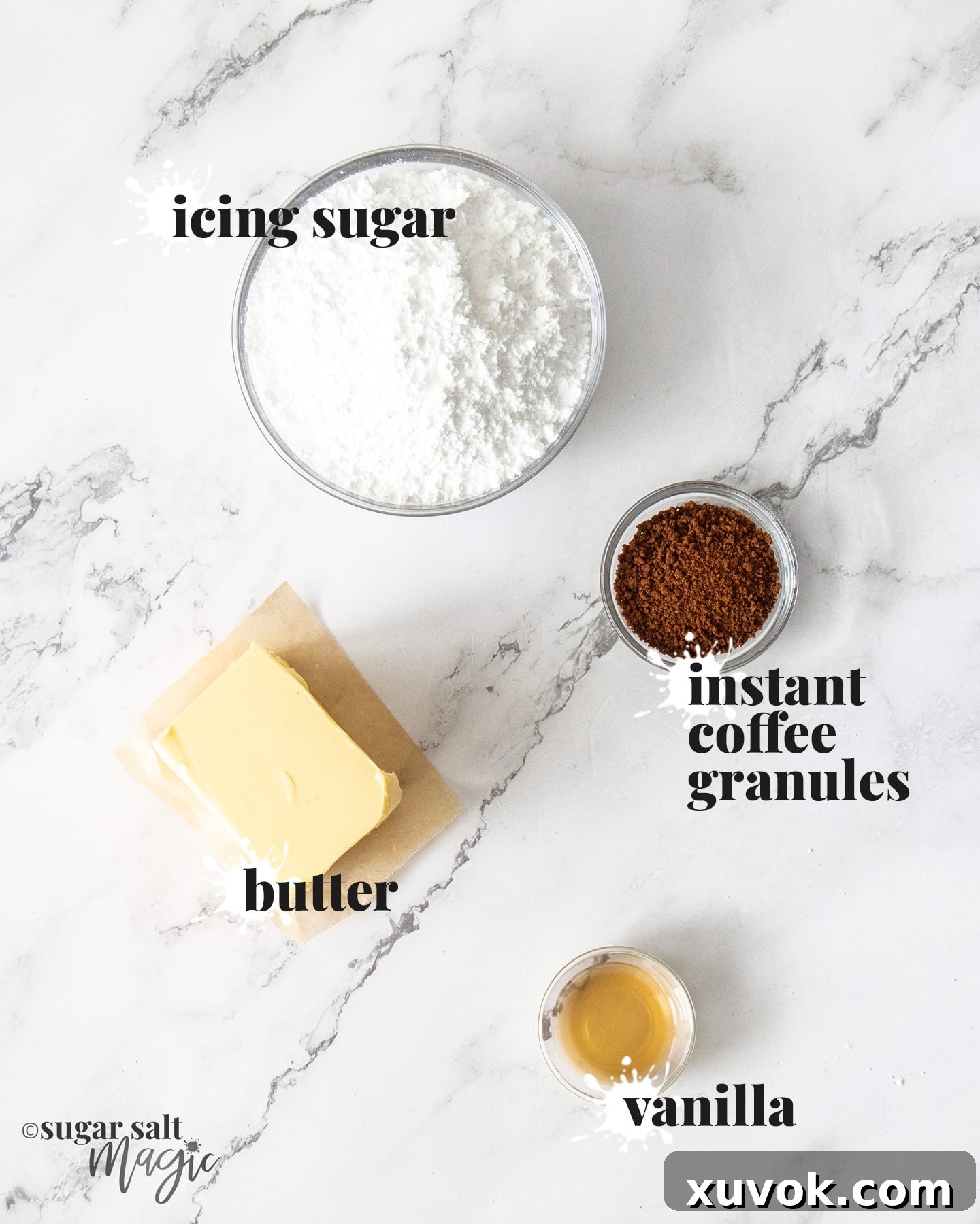 Ingredients for coffee buttercream on a marble worktop.