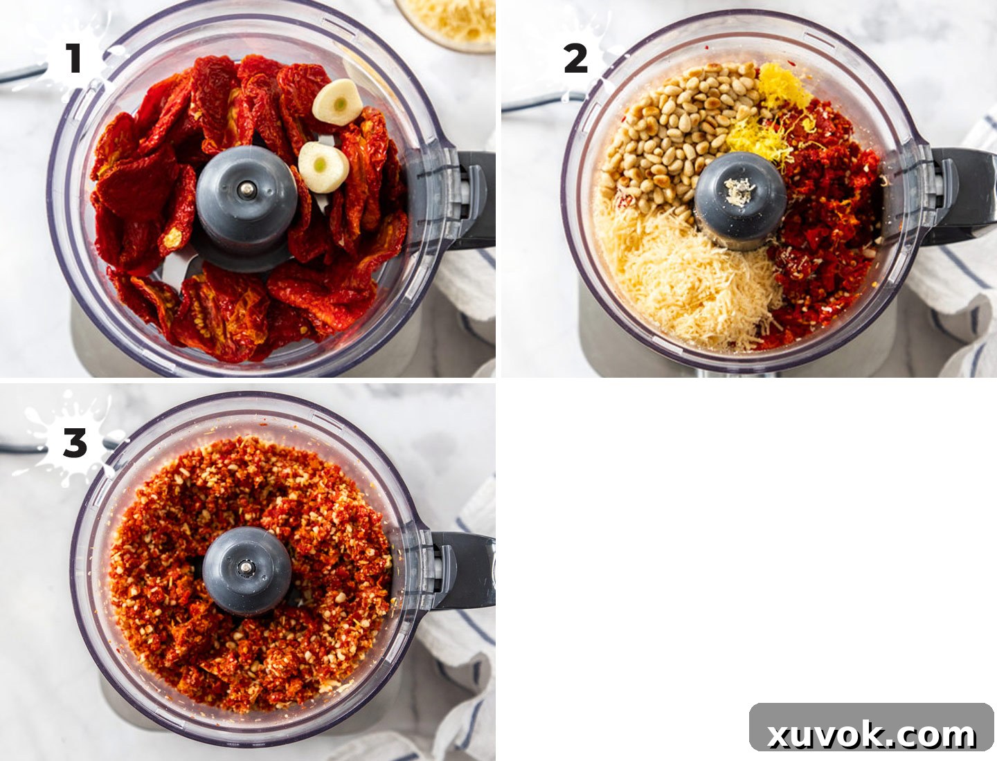 A four-panel collage illustrating the step-by-step process of making sun dried tomato pesto.