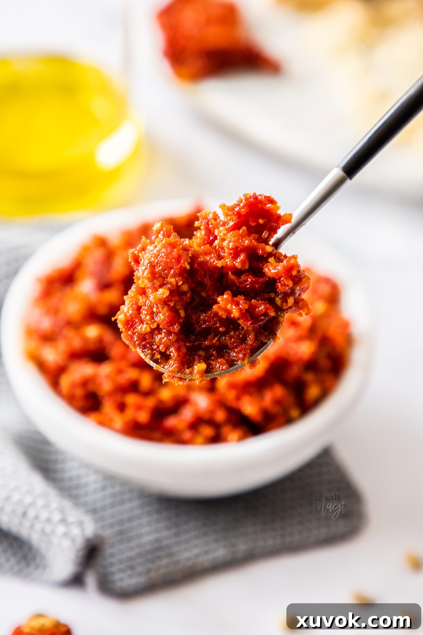 A spoon piled high with rich red sun-dried tomato pesto, ready to be enjoyed.