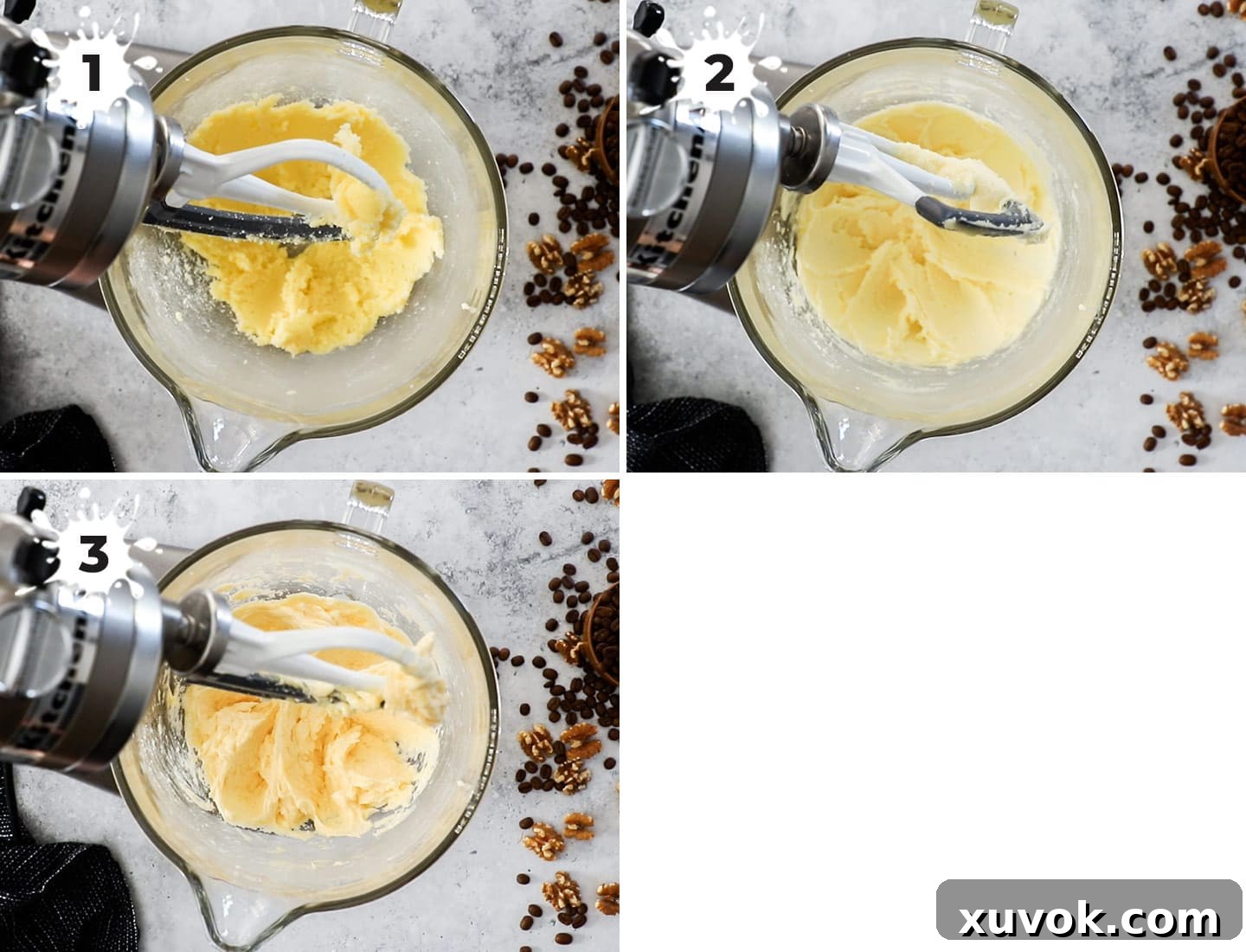 A visual guide showing the initial steps of creaming butter and sugar, then adding oil, for the coffee and walnut loaf cake batter.