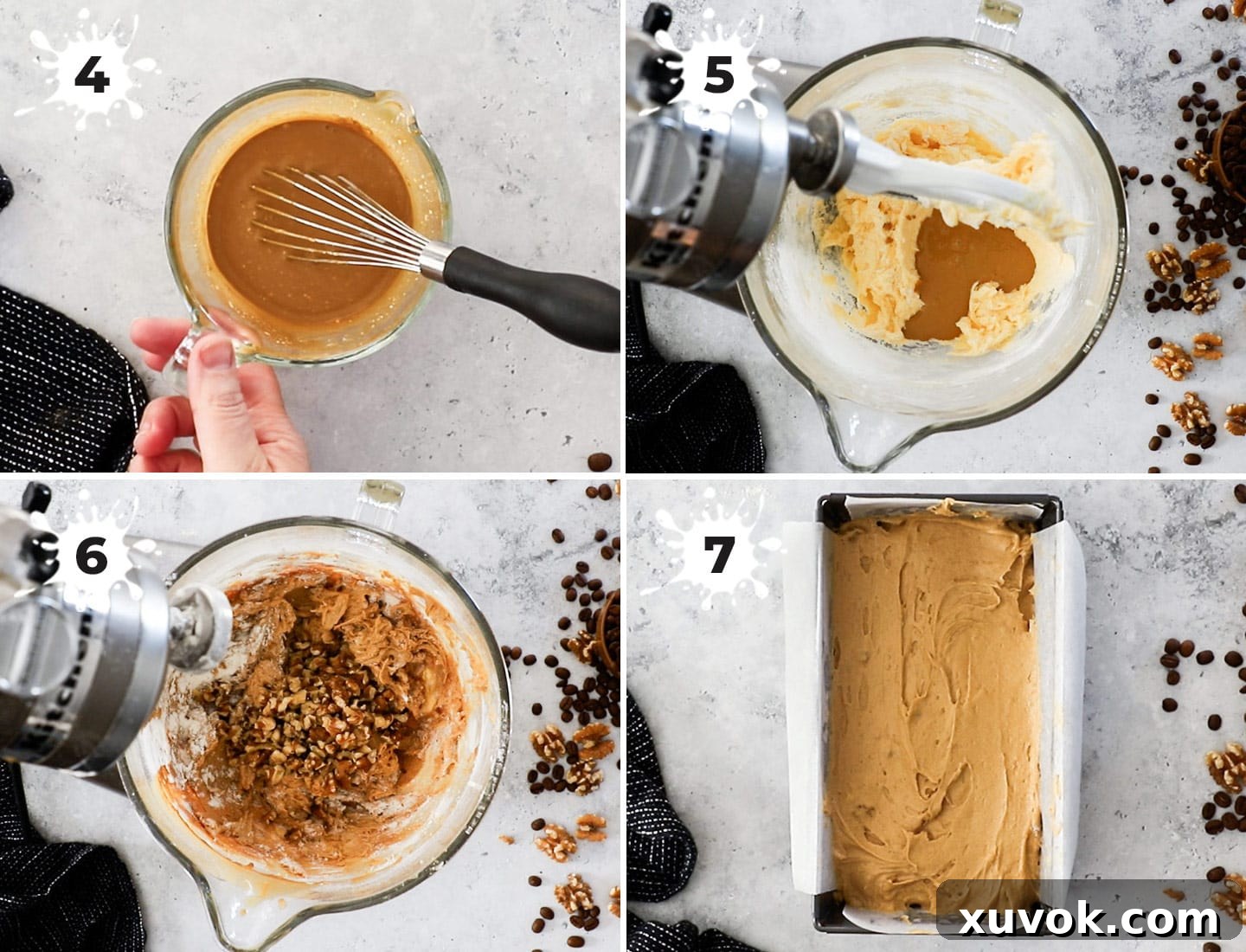 A step-by-step collage illustrating the process of making coffee cake batter, from combining liquids to folding in walnuts and pouring into a loaf pan.