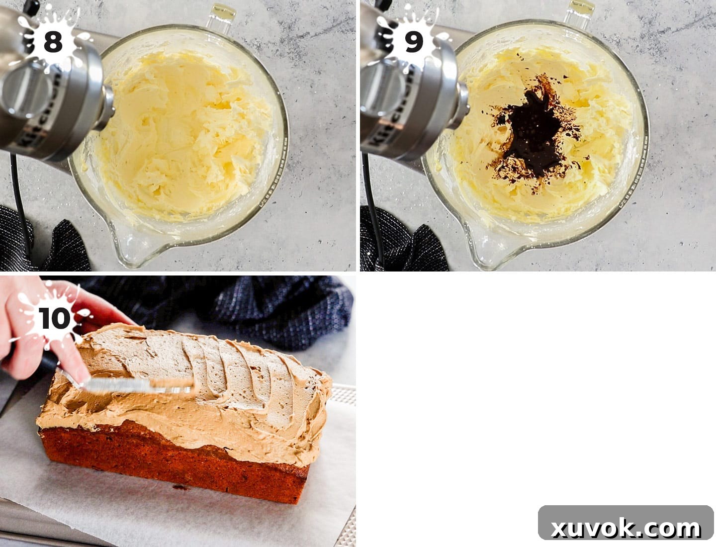 A step-by-step collage showing how to create creamy coffee buttercream frosting, from creaming butter and icing sugar to incorporating dissolved coffee and vanilla.