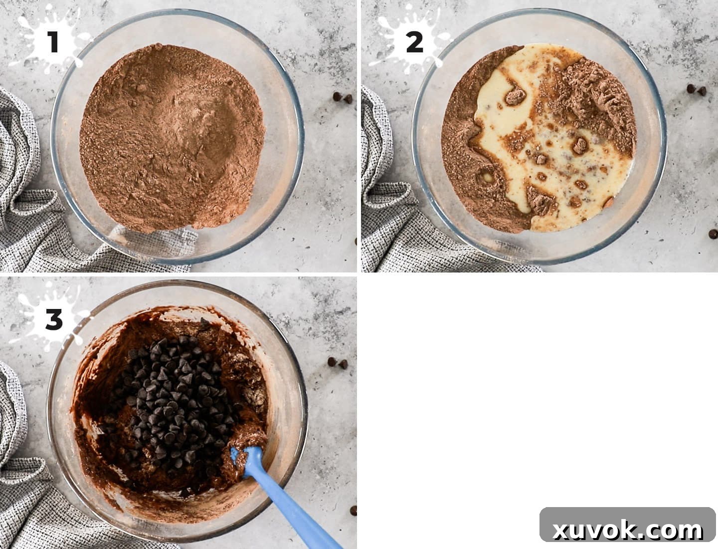 A four-panel collage illustrating the step-by-step process of preparing the muffin batter. Panel 1 shows dry ingredients being mixed, Panel 2 shows wet ingredients being whisked, Panel 3 shows combining wet and dry ingredients, and Panel 4 shows folding in chocolate chips.