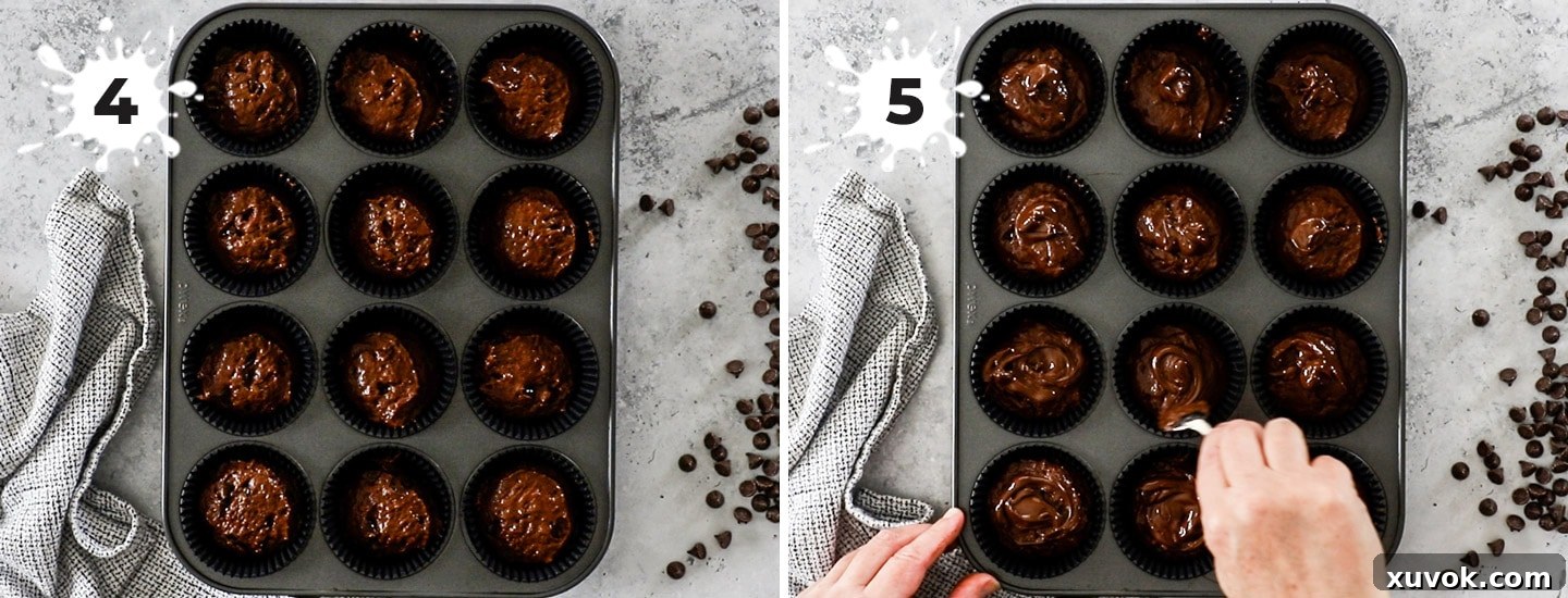 A two-panel image showing the final steps of muffin assembly: Panel 1 illustrates spooning batter into cupcake liners, and Panel 2 shows melted chocolate being drizzled and swirled on top of the batter before baking.