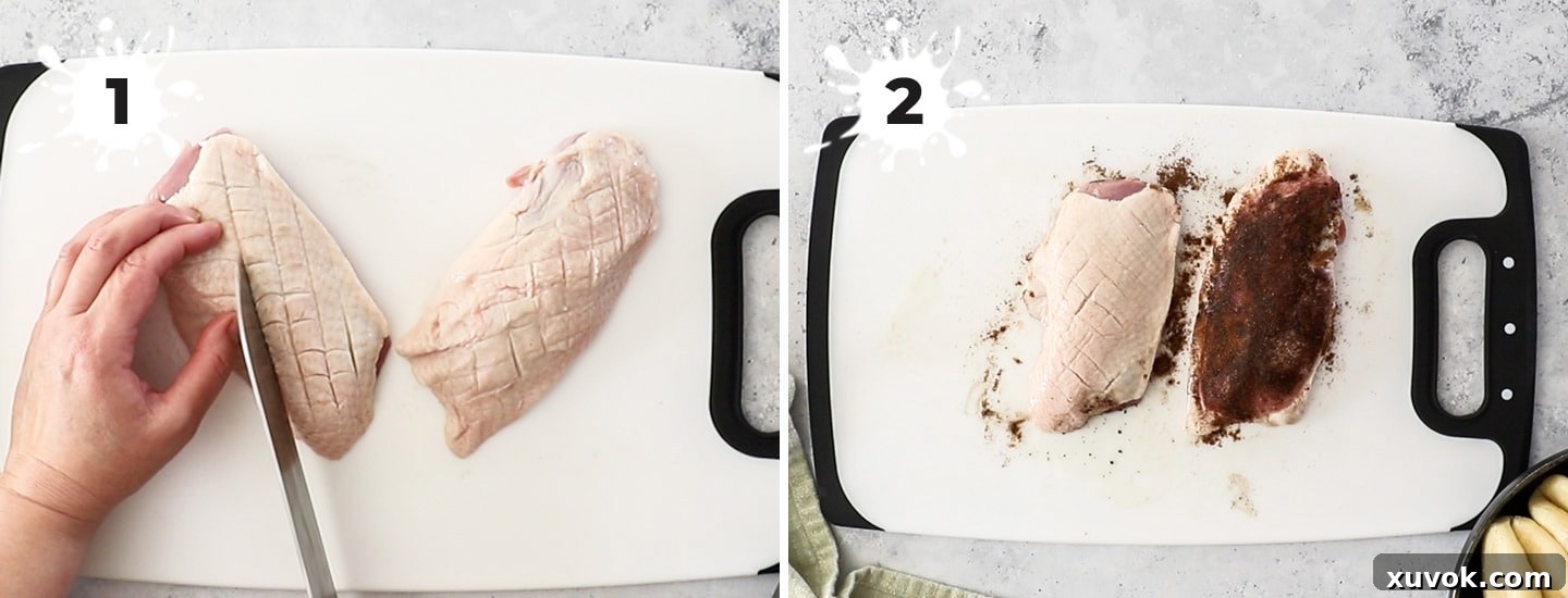 Duck breasts on a chopping board being seasoned.