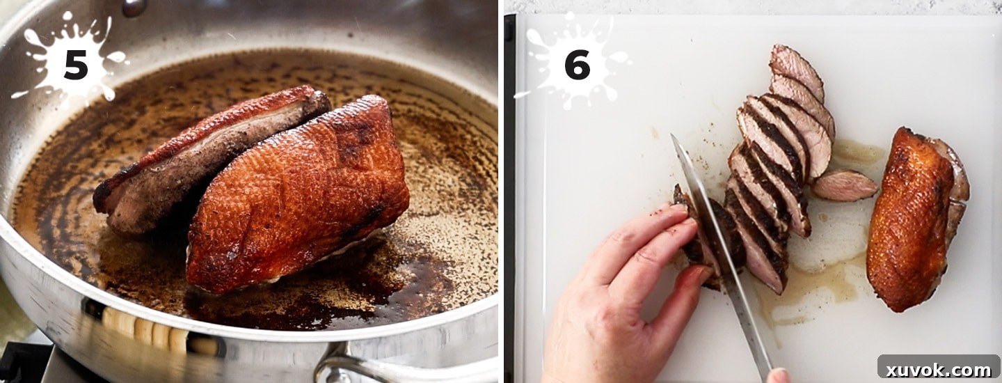 Cooked duck breast being sliced.