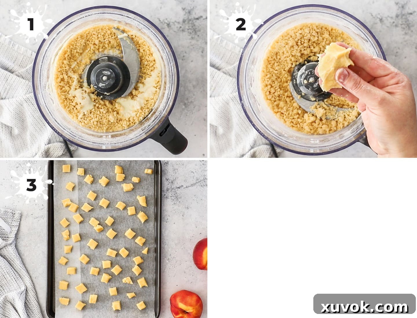 A step-by-step collage showing how to prepare the cobbler pieces for the ice cream.