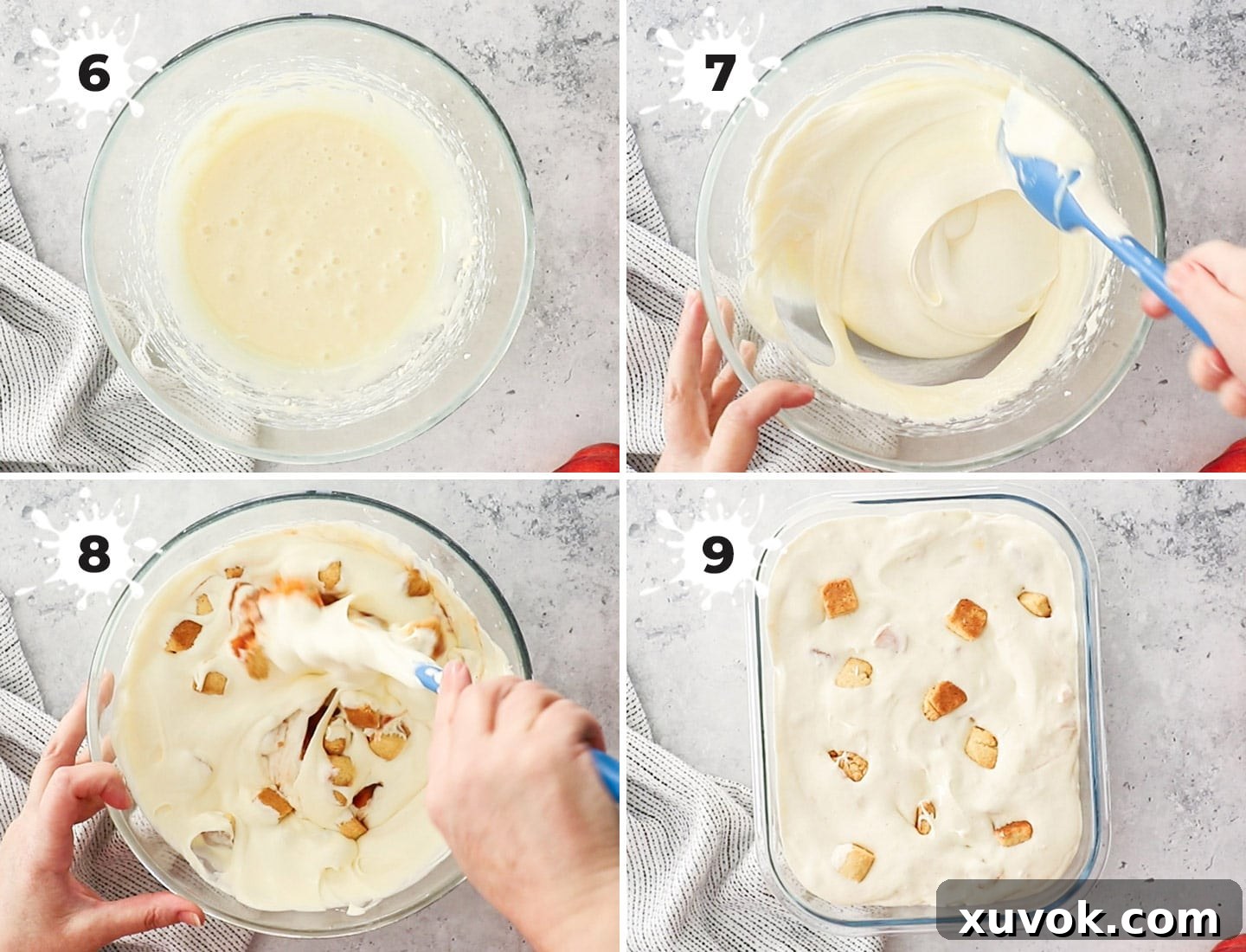 A collage demonstrating the steps to make and assemble the no-churn peach cobbler ice cream.