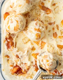 A tub of peach cobbler ice cream with some scoops on top, looking deliciously creamy.