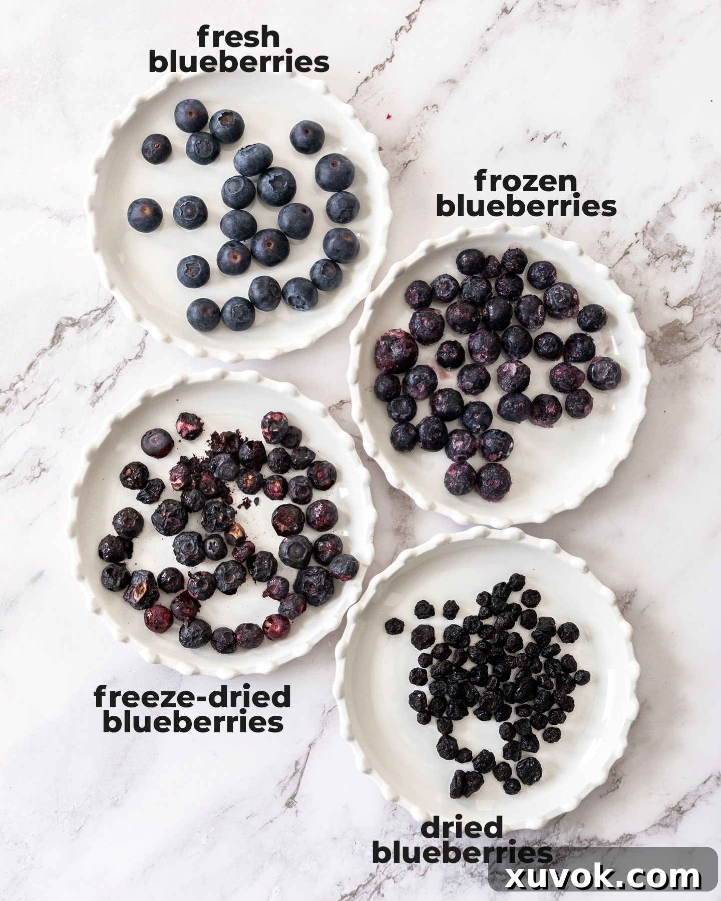 4 small plates with different types of blueberries on.