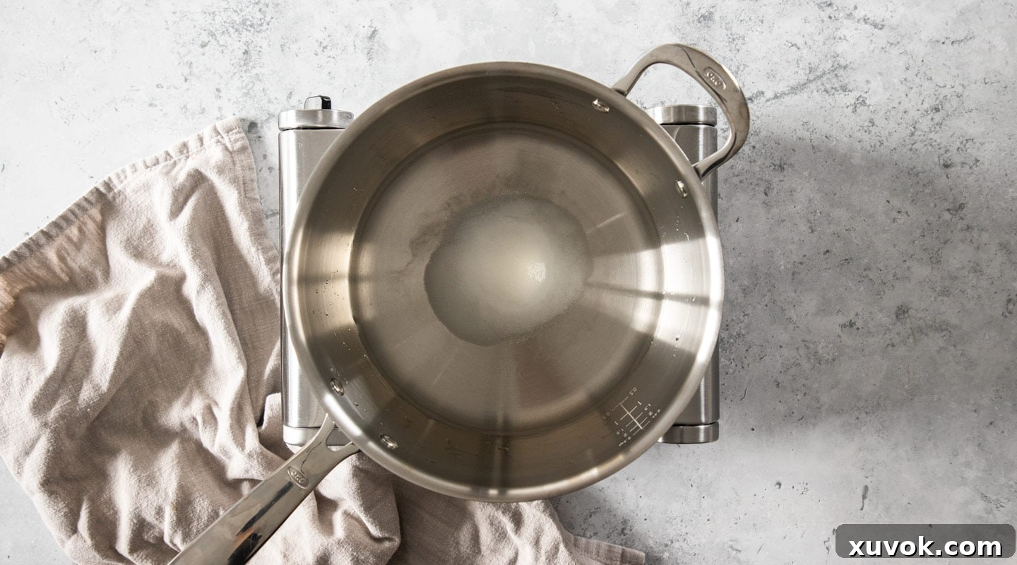 A saucepan on a stovetop, containing water with salt and sugar dissolving, creating the base for the brine.