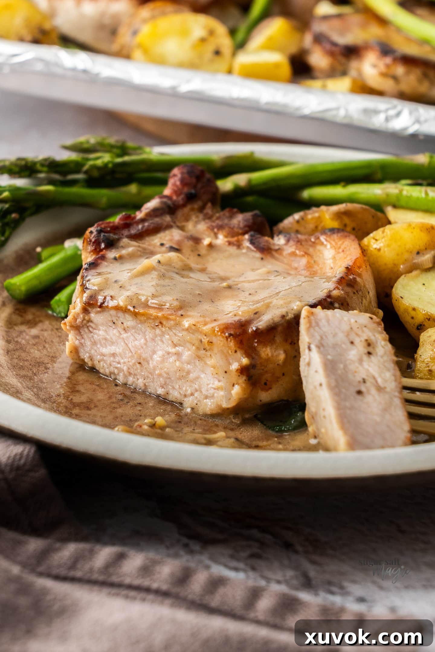 Extreme closeup of the inside of a juicy pork chop, showcasing its moist texture.
