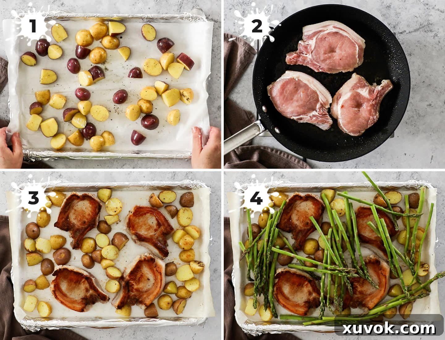 A collage demonstrating how to prepare potatoes and sear pork chops for the sheet pan meal.
