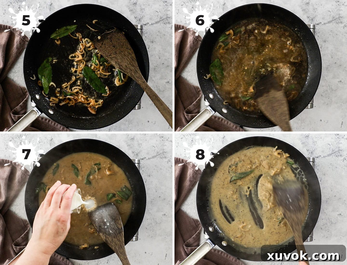 A collage demonstrating the steps to prepare the sage and shallot sauce in a skillet.
