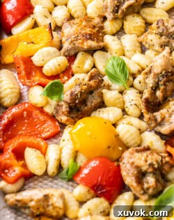 Closeup of chicken and gnocchi on a baking tray.