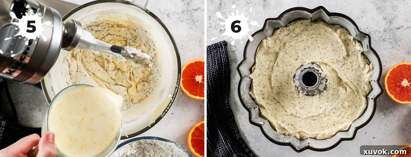 Pouring the orange and poppy seed cake batter into a greased and floured bundt pan, demonstrating careful preparation.