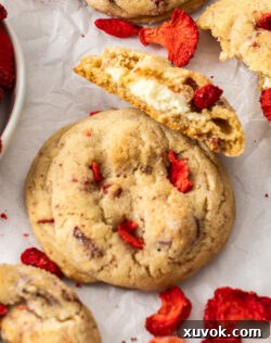 Closeup of the inside of a cheesecake stuffed cookie.