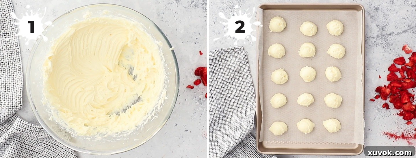 A collage showing how to prepare the cream cheese filling. These strawberry cheesecake cookies are buttery, thick, soft, and creamy all in one bite with crisp edges. The gorgeous cookies are spiked with real strawberry pieces and a rich cheesecake centre!