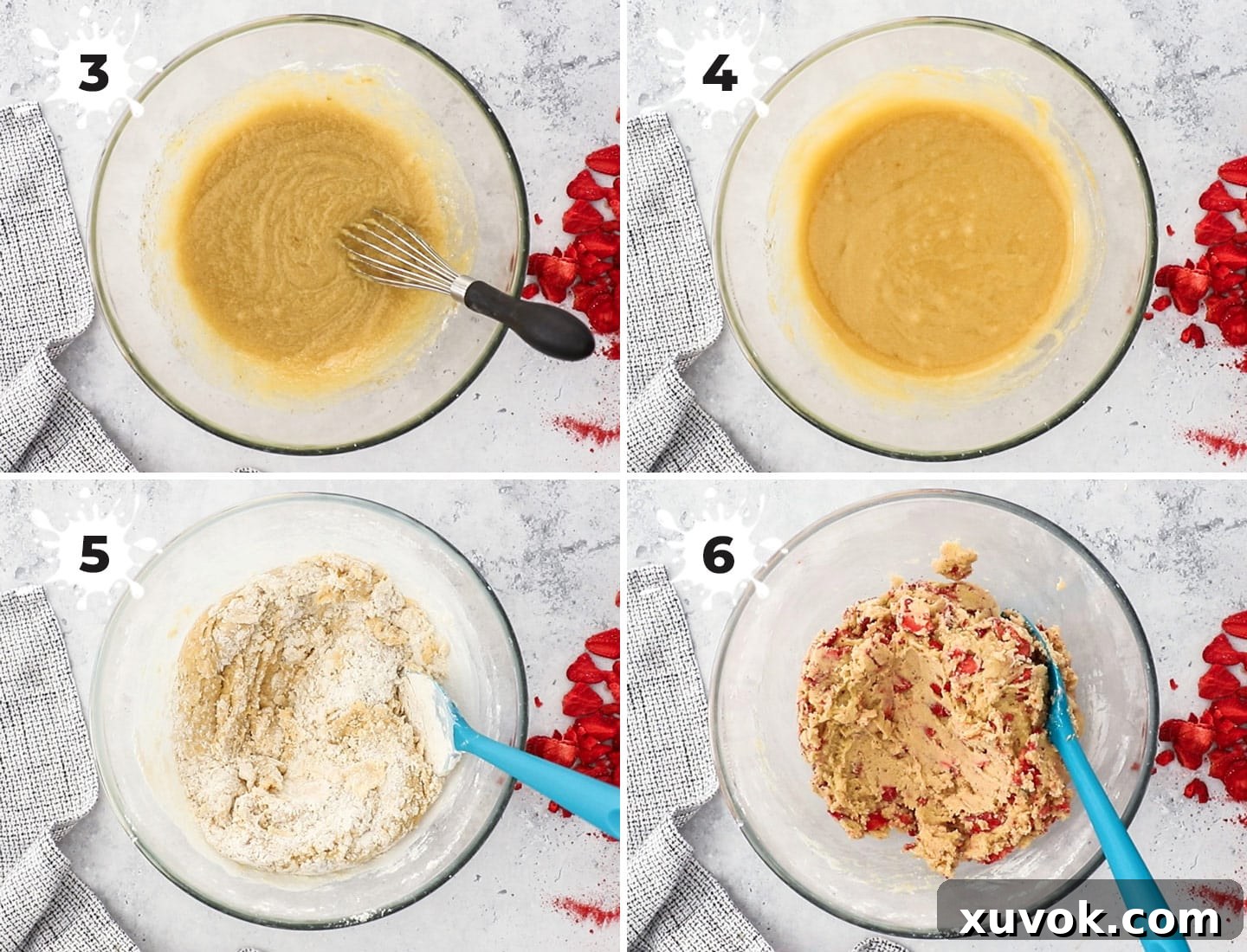 A collage showing how to make the cookie dough. These strawberry cheesecake cookies are buttery, thick, soft, and creamy all in one bite with crisp edges. The gorgeous cookies are spiked with real strawberry pieces and a rich cheesecake centre!