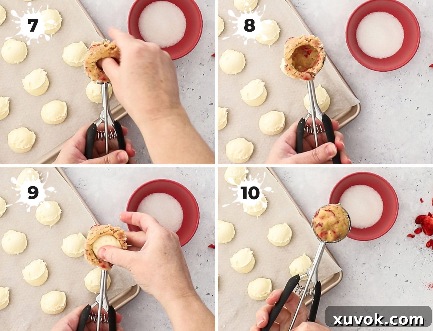 A collage showing how to assemble the cookies using a cookie scoop. These strawberry cheesecake cookies are buttery, thick, soft, and creamy all in one bite with crisp edges. The gorgeous cookies are spiked with real strawberry pieces and a rich cheesecake centre!