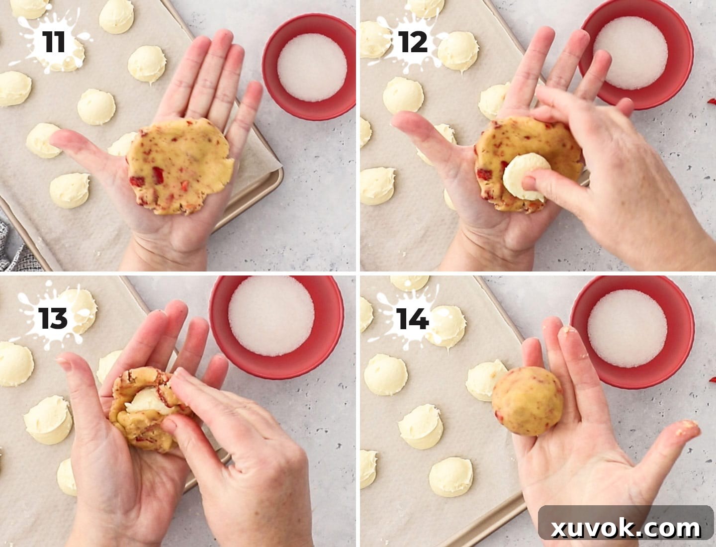A collage showing how to assemble the cookies in your hand. These strawberry cheesecake cookies are buttery, thick, soft, and creamy all in one bite with crisp edges. The gorgeous cookies are spiked with real strawberry pieces and a rich cheesecake centre!
