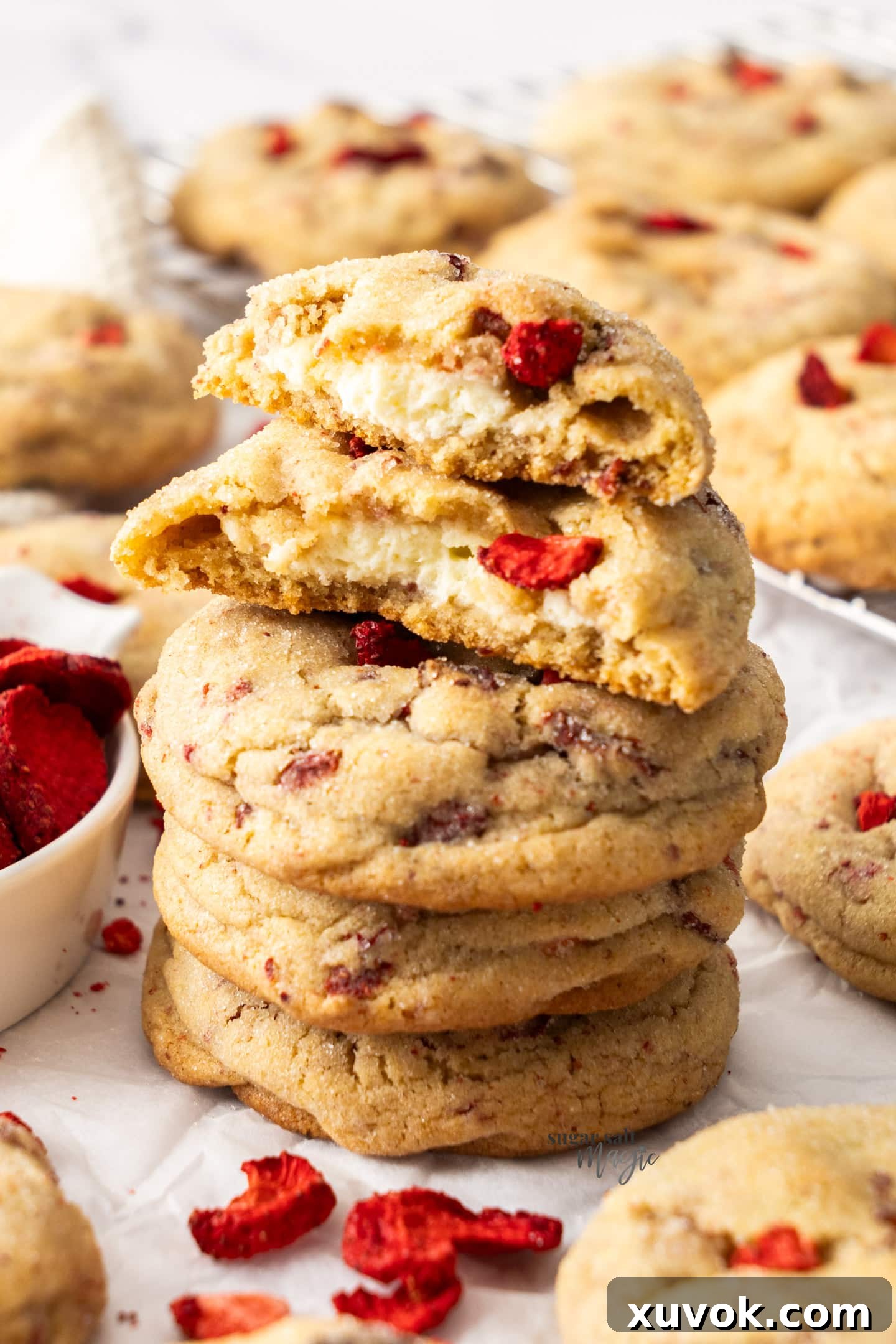 A cookie split open to show the cream cheese inside. These strawberry cheesecake cookies are buttery, thick, soft, and creamy all in one bite with crisp edges. The gorgeous cookies are spiked with real strawberry pieces and a rich cheesecake centre!