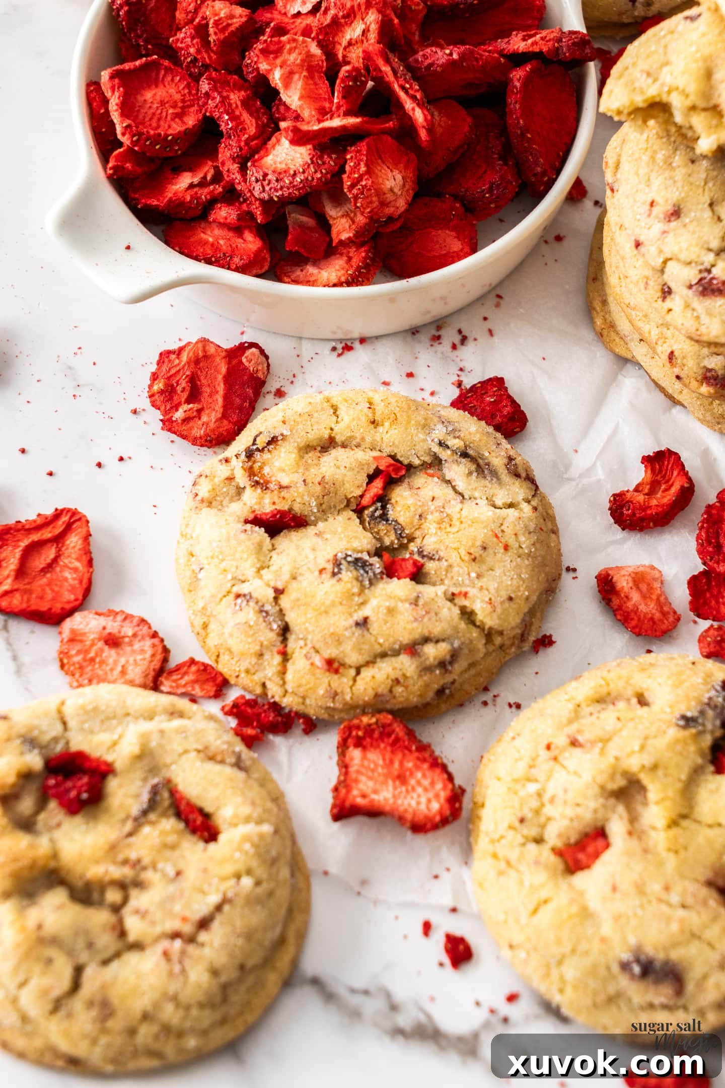 A strawberry cookie surrounded by freeze dried strawberries. These strawberry cheesecake cookies are buttery, thick, soft, and creamy all in one bite with crisp edges. The gorgeous cookies are spiked with real strawberry pieces and a rich cheesecake centre!