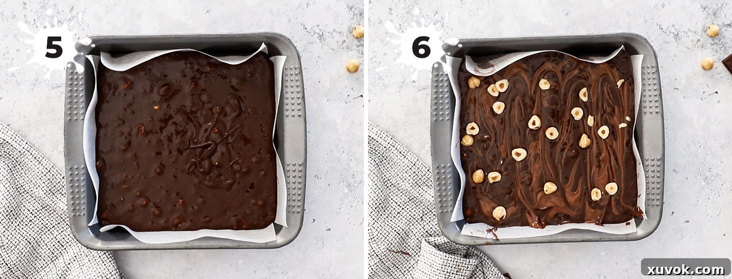 Two images showing how to prepare the brownies for baking.