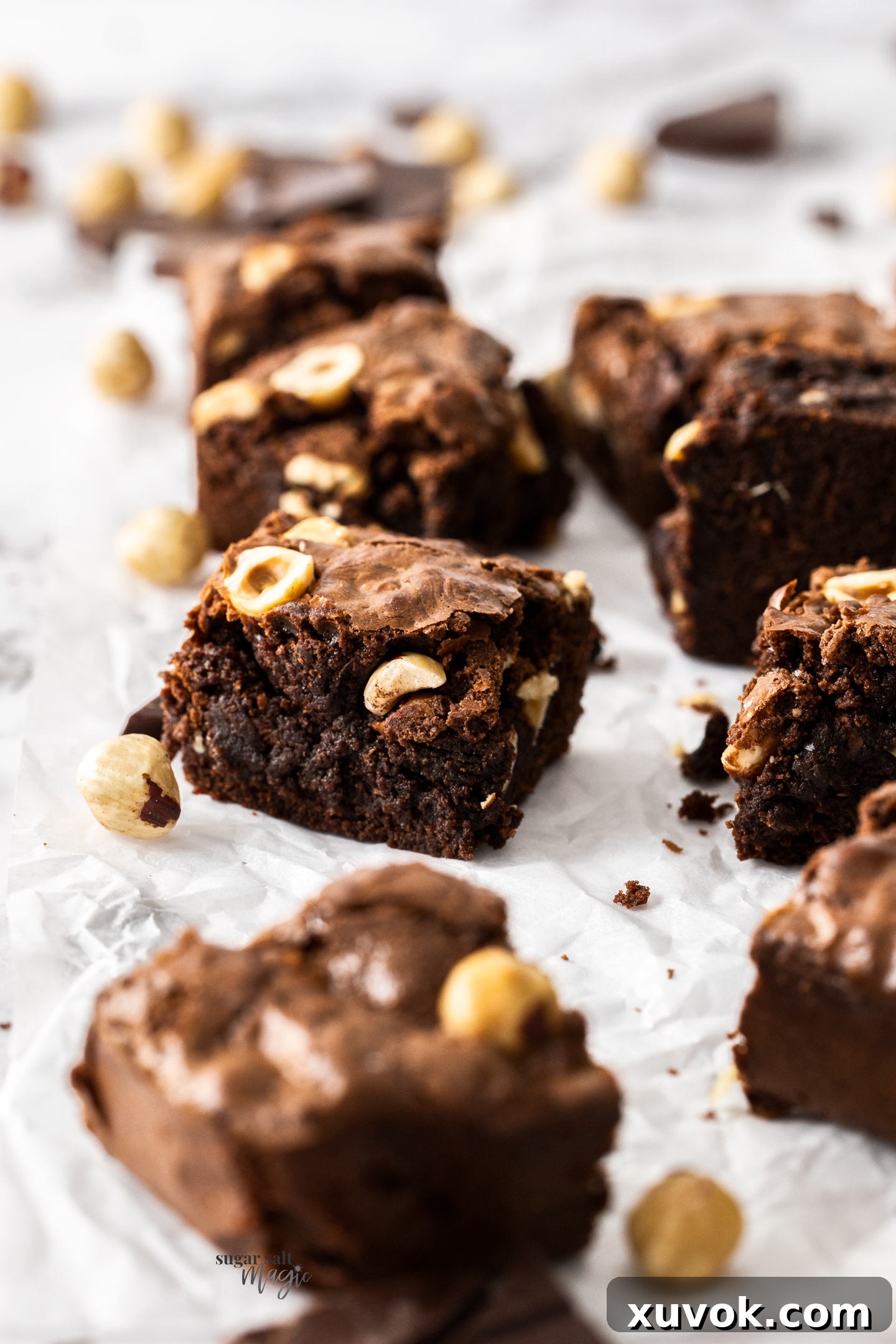 Closeup of a single hazelnut brownie.
