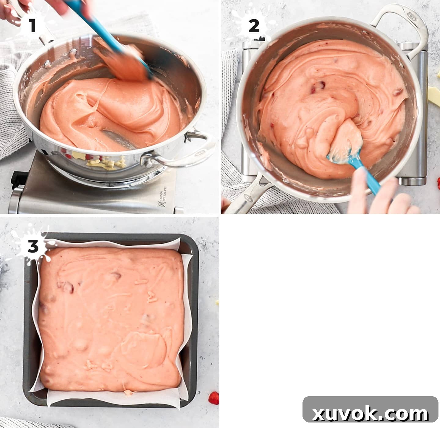 A four-panel collage showing the stages of cooking and preparing the strawberry fudge, from melting ingredients to pouring into a pan.