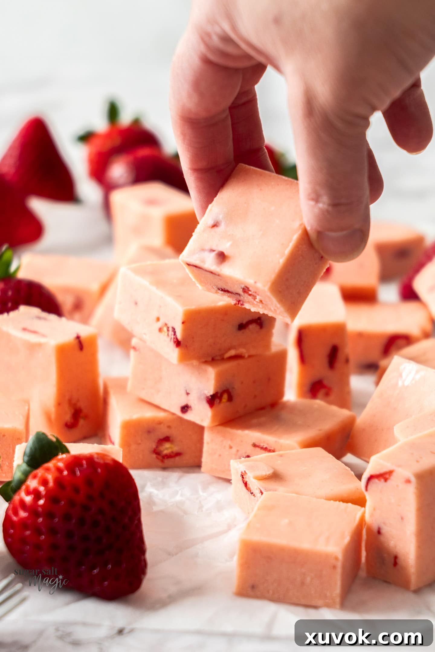 A hand reaching to pick up a perfectly cut piece of strawberry fudge from a tray.