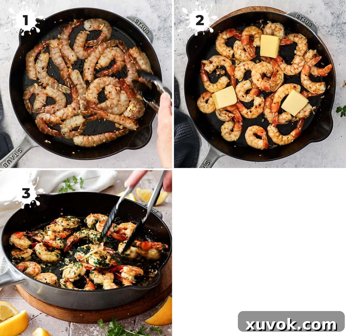 A collage showing the preparation and cooking stages of garlic prawns, including peeling, mixing, and broiling.