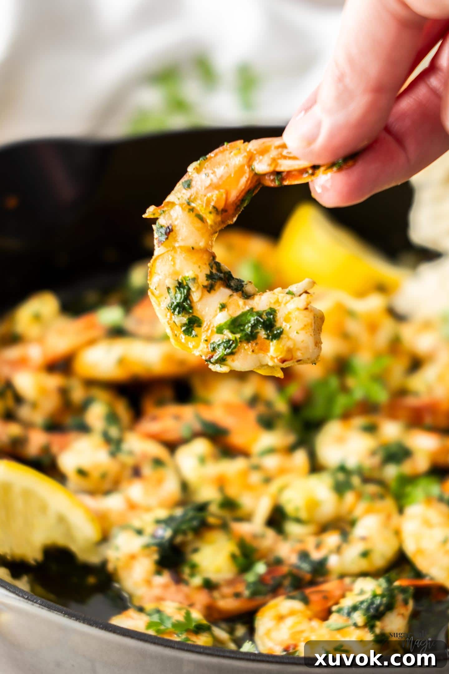 A hand holding a single perfectly cooked garlic prawn, showcasing its vibrant color and succulent texture.