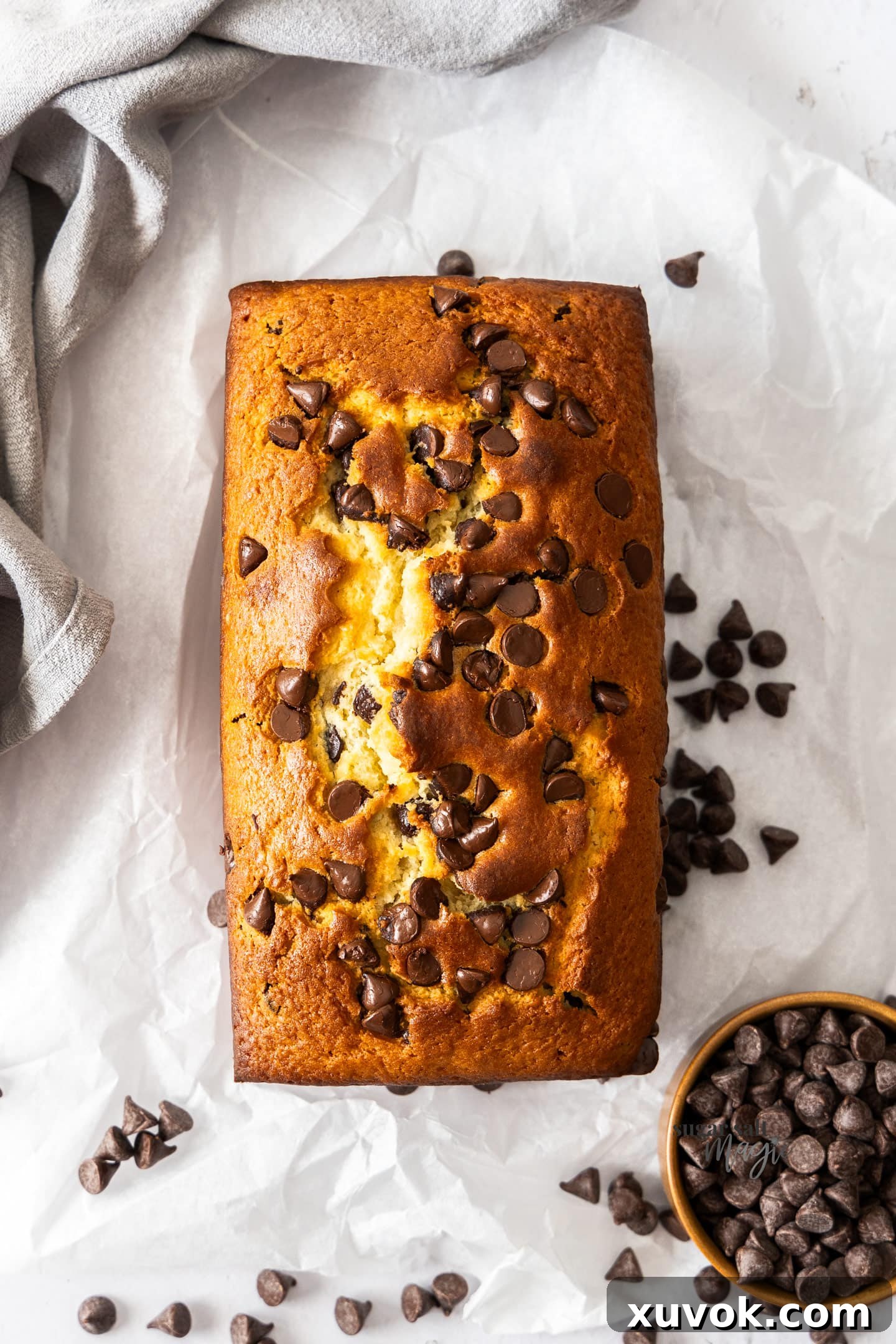 A perfectly baked golden-brown chocolate chip loaf cake, viewed from directly above, showcasing its inviting texture and scattered chocolate chips on top.