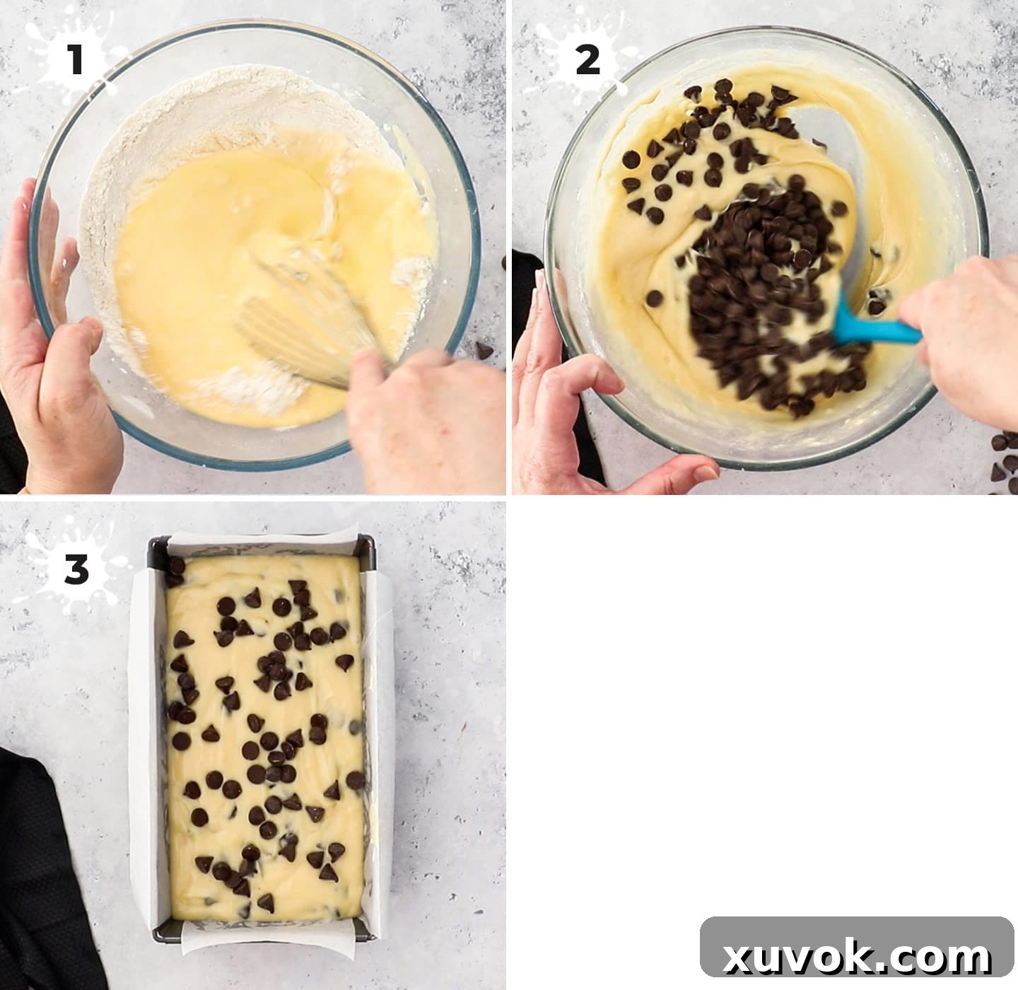 A four-panel collage illustrating the simple steps to mix the chocolate chip loaf cake batter: combining dry ingredients, mixing wet ingredients, gently combining both, and folding in chocolate chips.