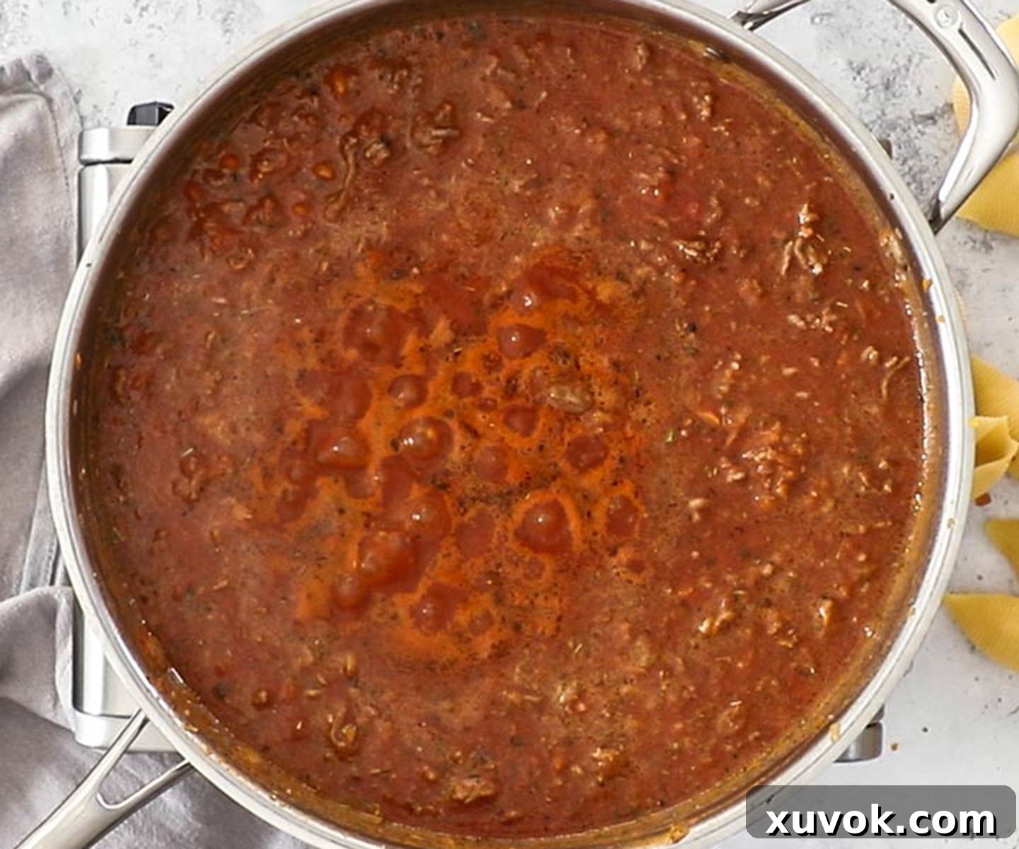 The sauce for the stuffed lasagna shells simmering.