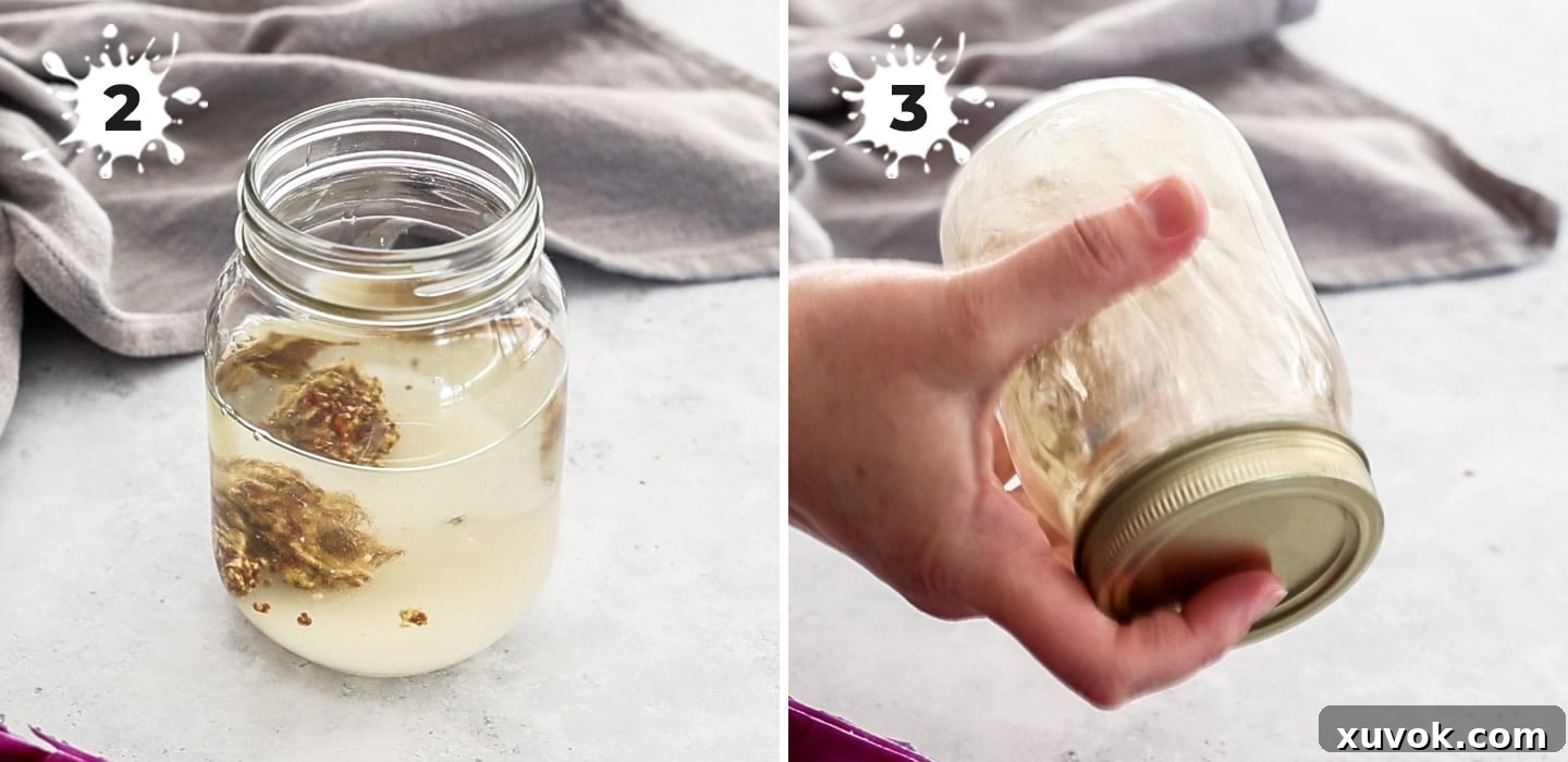 A person vigorously shaking a mason jar filled with pickling liquid.
