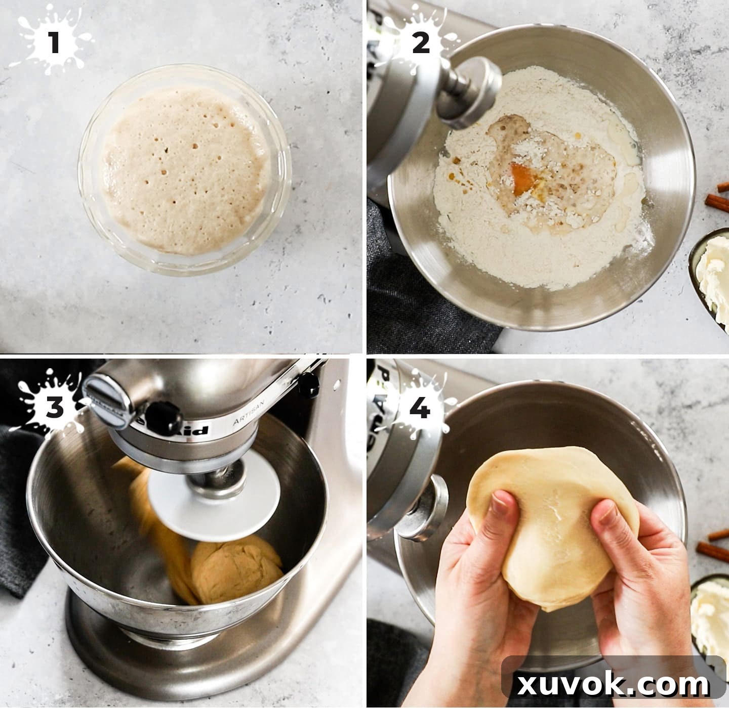 A four-panel collage illustrating the steps of making cinnamon roll dough: from yeast blooming to kneading until smooth.