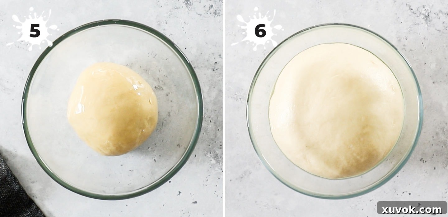 Two-panel collage showing the cinnamon roll dough in an oiled bowl before and after its first rise, having doubled in size.