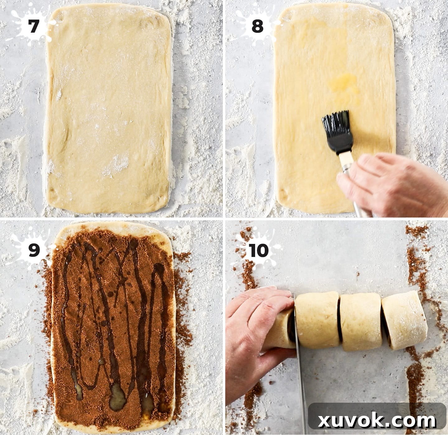 A four-panel collage detailing the shaping process of cinnamon rolls: rolling out dough, spreading filling, rolling into a log, and slicing into rolls.
