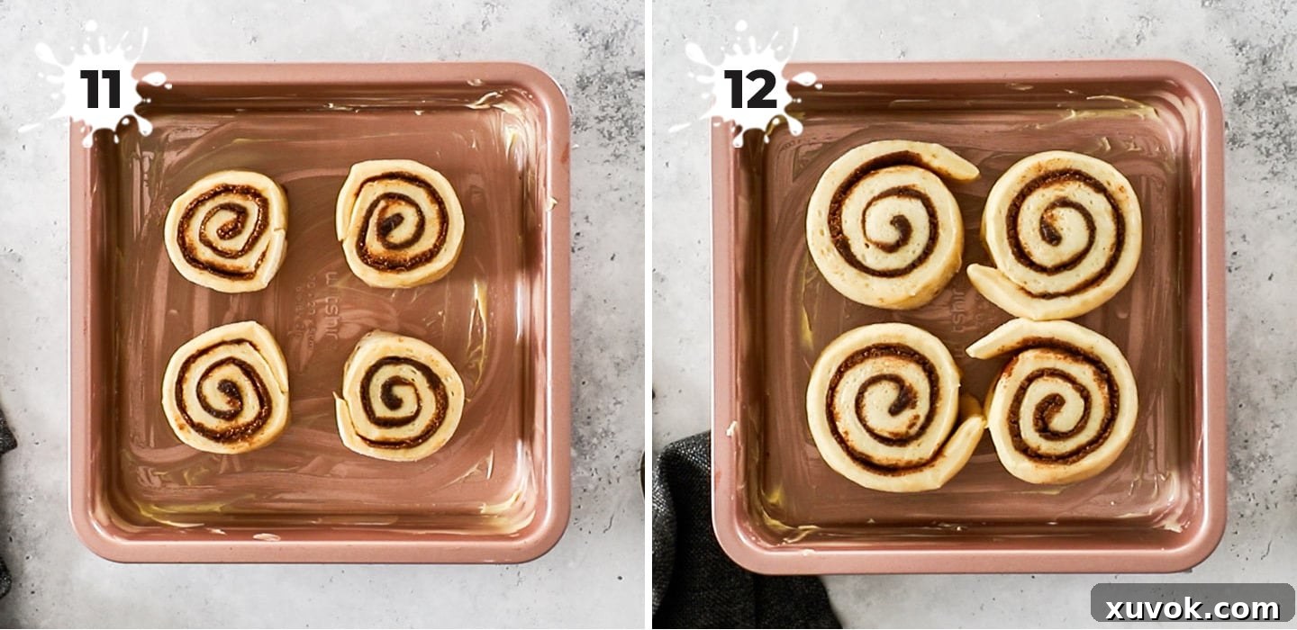 Four cinnamon rolls arranged in a square baking pan, shown before and after their second rise.