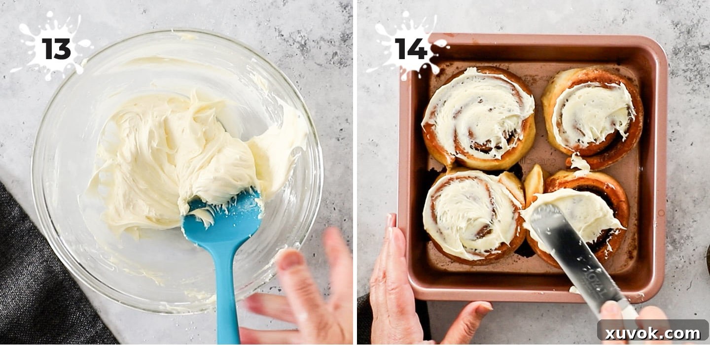 Two-panel collage demonstrating how to prepare and apply the cream cheese frosting to warm cinnamon rolls.